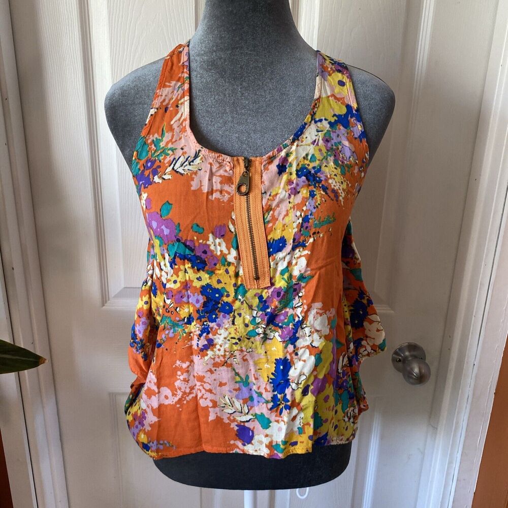 O’Neill Blouse Women’s Size S Small Sleeveless Floral Orange 1/4 Zip Ruffled